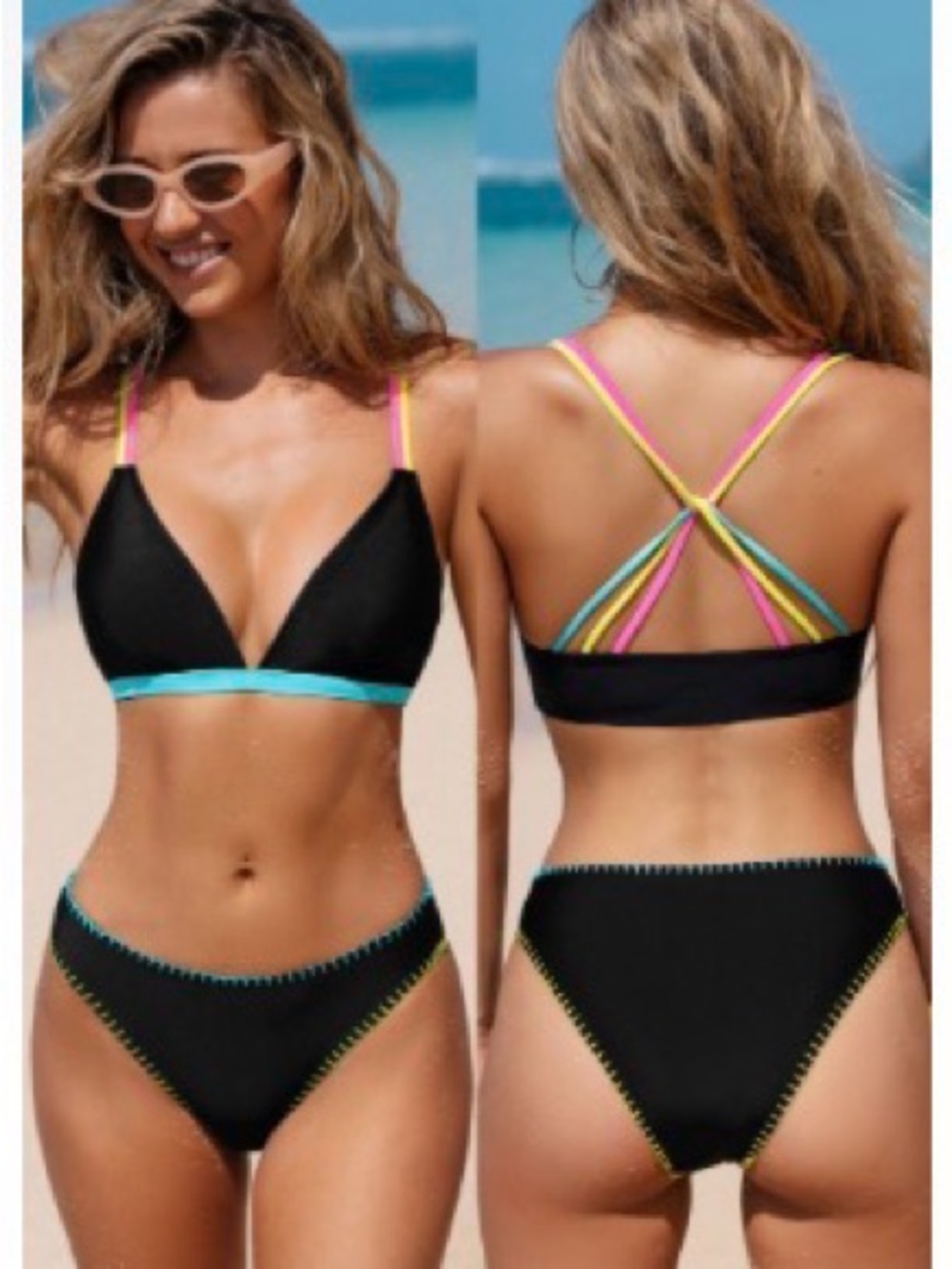 Cupshe Black Bikini Set with Multi-Color Straps and Trim
